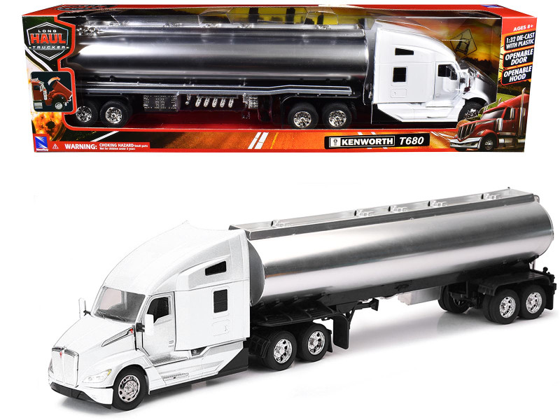 Kenworth T680 Truck White with Oil Tanker Trailer Chrome Long Haul Trucker Series 1/32 Diecast Model New Ray 12623