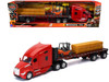 Kenworth T680 Truck Red and Flatbed Trailer with Forklift and Hay Load Long Haul Trucker Series 1/32 Diecast Model New Ray 12753