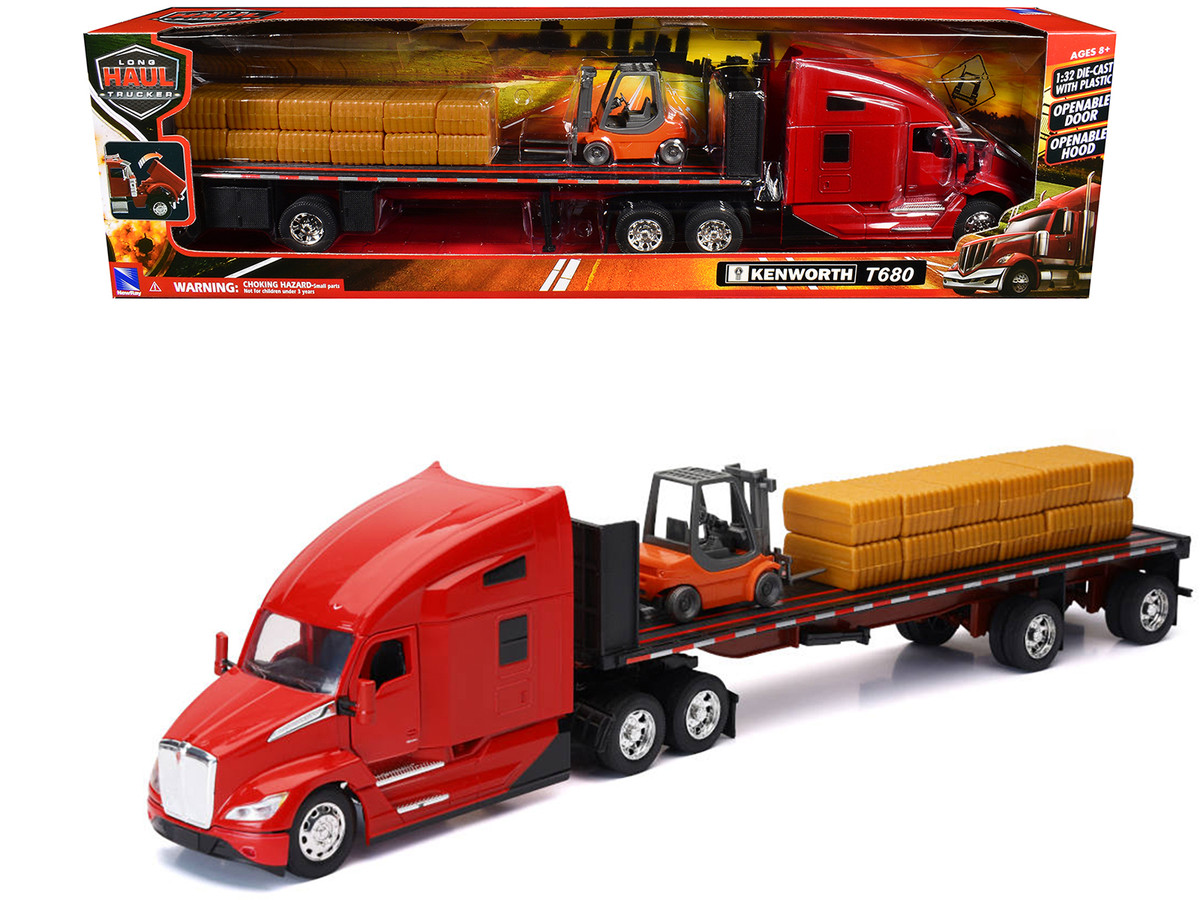 Kenworth T680 Truck Red and Flatbed Trailer with Forklift and Hay