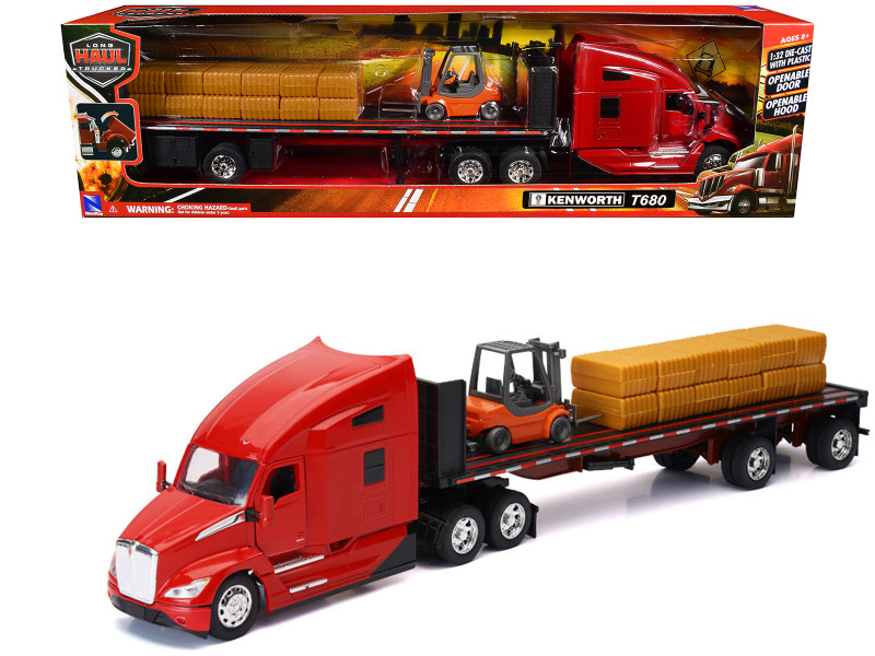 Kenworth T680 Truck Red and Flatbed Trailer with Forklift and Hay Load Long Haul Trucker Series 1/32 Diecast Model New Ray 12753