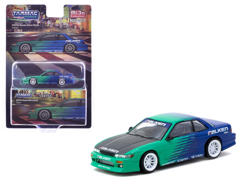 Nissan Silvia S13 Vertex RHD Right Hand Drive Falken Tires Green and Blue wuth Carbon Hood Global64 Series 1/64 Diecast Model Tarmac Works T64G-025-FA