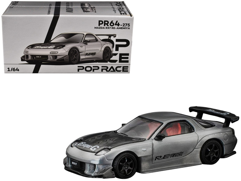Mazda RX 7 RE Amemiya RHD Right Hand Drive Silver Metallic with Carbon Hood Japan Minicar a Gogo Exclusive 1/64 Diecast Model Car Pop Race PR640275