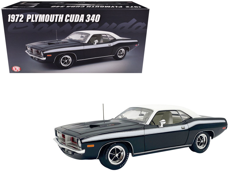 1972 Plymouth Cuda 340 Black with White Stripes Top and Interior Limited Edition to 490 pieces Worldwide 1/18 Diecast Model Car ACME A1806137