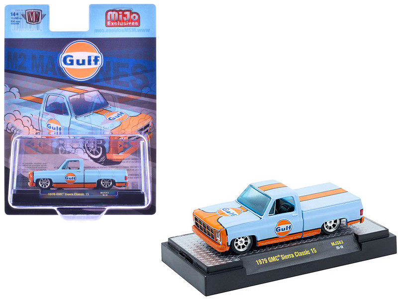 1979 GMC Sierra Classic 15 Pickup Truck Gulf Oil Light Blue Orange Stripe Limited Edition 10450 pieces Worldwide 1/64 Diecast Model Car M2 Machines 
31500-MJS83