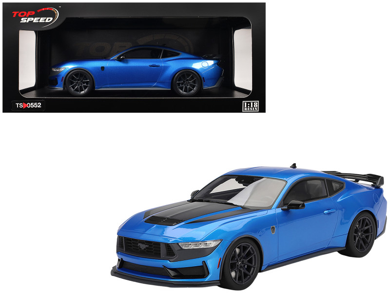 2024 Ford Mustang Dark Horse Grabber Blue Metallic Black Hood Stripes 1/18 Model Car Top Speed TS0552