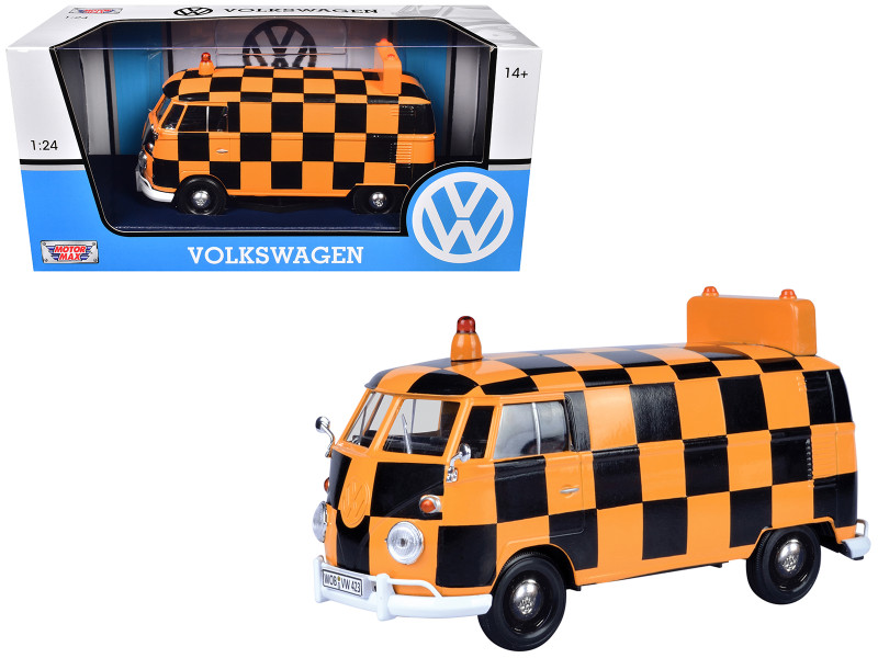 Volkswagen Type 2 T1 Airport Runway Delivery Van Black and Orange Checkered 1/24 Diecast Model Car Motormax 79572