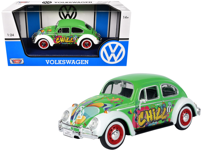 1966 Volkswagen Beetle Green with Graffiti Graphics 1/24 Diecast Model Car Motormax 79598