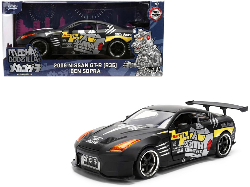 2009 Nissan GT R R35 Ben Sopra Matt Black with Mechagodzilla Graphics Hollywood Rides Series 1/24 Diecast Model Car Jada 36707
