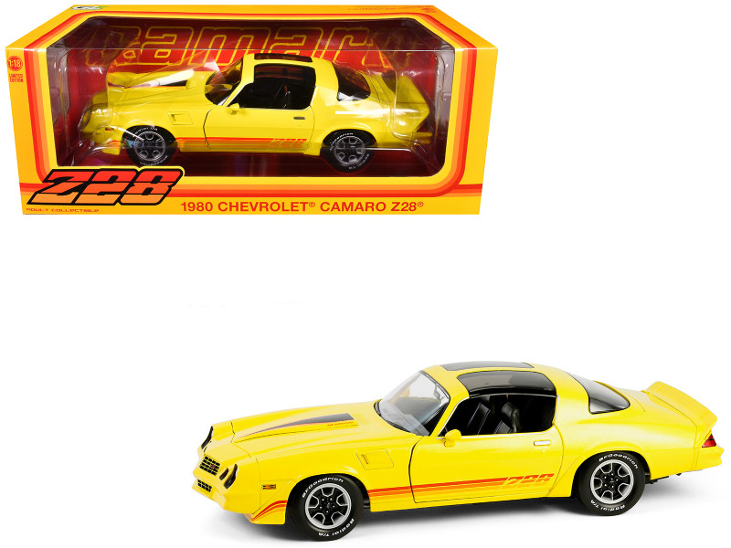 1980 Chevrolet Camaro Z28 with T Tops Bright Yellow with Stripes 1/18 Diecast Model Car Greenlight 13690