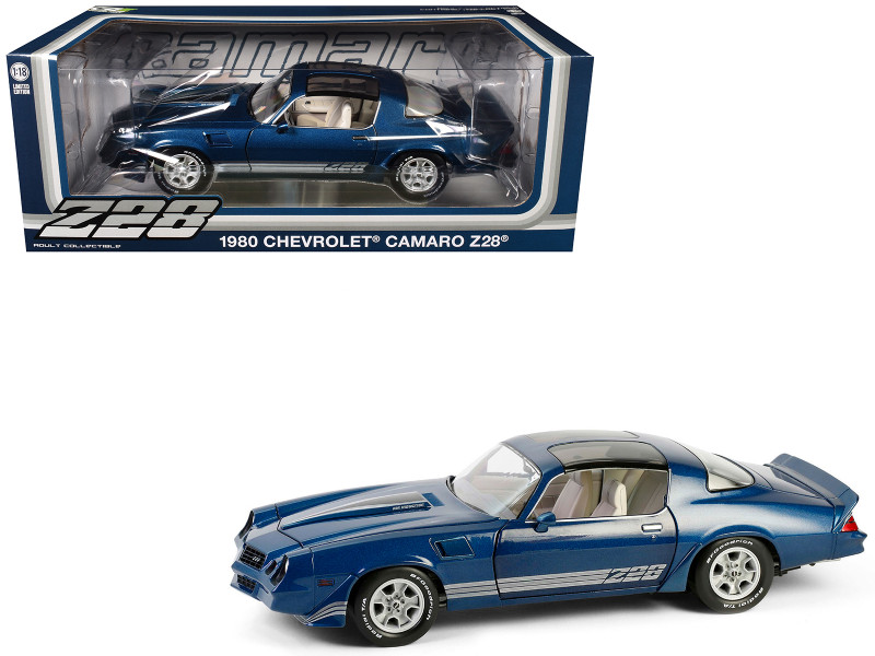 1980 Chevrolet Camaro Z28 with T Tops Dark Blue Metallic with Stripes and Light Gray Interior 1/18 Diecast Model Car Greenlight 13691