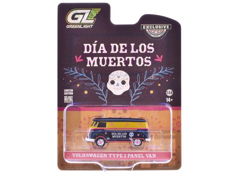 Volkswagen Type 2 Panel Van Dia de los Muertos 2025 Black and Yellow with Graphics Hobby Exclusive Series 1/64 Diecast Model Car Greenlight 30525