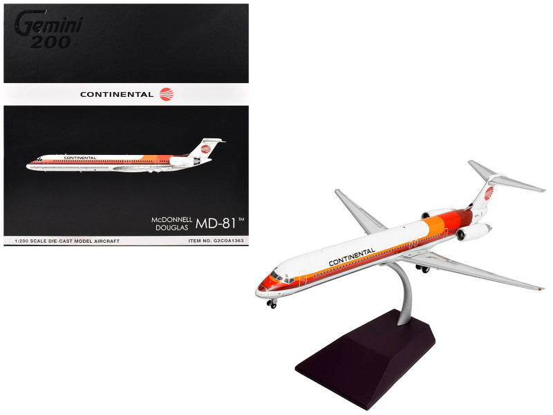 McDonnell Douglas MD 81 Commercial Aircraft Continental Airlines N859HA White with Red and Orange Stripes Gemini 200 Series 1/200 Diecast Model Airplane GeminiJets G2COA1363