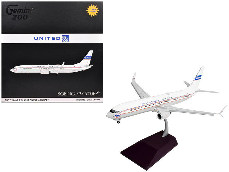 Boeing 737 900ER Commercial Aircraft with Flaps Down Continental Airlines United Airlines N75435 White with Red and Blue Stripes Gemini 200 Series 1/200 Diecast Model Airplane GeminiJets G2UAL1407F