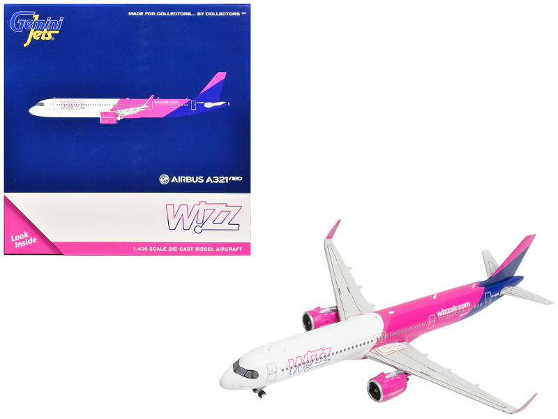 Airbus A321neo Commercial Aircraft Wizz Air UK G WUNB White and Pink with Purple Tail 1/400 Diecast Model Airplane GeminiJets GJ2340
