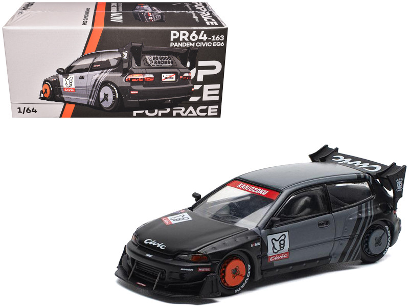Pandem Civic EG6 RHD Right Hand Drive Kanjozoku Matt Black and Gray with Graphics 1/64 Diecast Model Car Pop Race PR640163