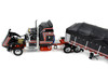 Kenworth W900A with 60 Aerodyne Sleeper and 53’ Wilson Roadbrute Flatbed Trailer with Covered Wagon Black with Red Stripes 1/64 Diecast Model DCP/First Gear 60-2056