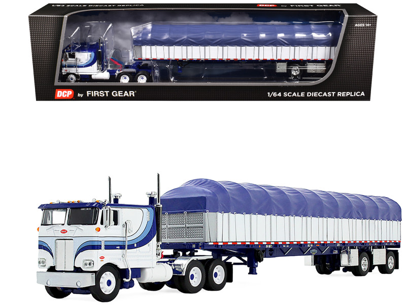 Peterbilt 352 COE 110 Sleeper and 53 Wilson Roadbrute Flatbed Trailer with Covered Wagon White with Blue Stripes 1/64 Diecast Model DCP/First Gear 60-2057