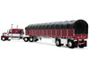 Peterbilt 389 with 63 Flat Top Sleeper and 53 Wilson Roadbrute Flatbed Trailer with Covered Wagon Maroon with White Stripes 1/64 Diecast Model DCP/First Gear 60-2058