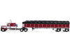 Peterbilt 389 with 63 Flat Top Sleeper and 53 Wilson Roadbrute Flatbed Trailer with Covered Wagon Maroon with White Stripes 1/64 Diecast Model DCP/First Gear 60-2058