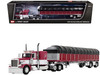 Peterbilt 389 with 63 Flat Top Sleeper and 53 Wilson Roadbrute Flatbed Trailer with Covered Wagon Maroon with White Stripes 1/64 Diecast Model DCP/First Gear 60-2058