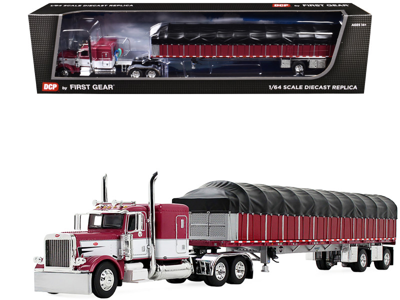 Peterbilt 389 with 63 Flat Top Sleeper and 53 Wilson Roadbrute Flatbed Trailer with Covered Wagon Maroon with White Stripes 1/64 Diecast Model DCP/First Gear 60-2058