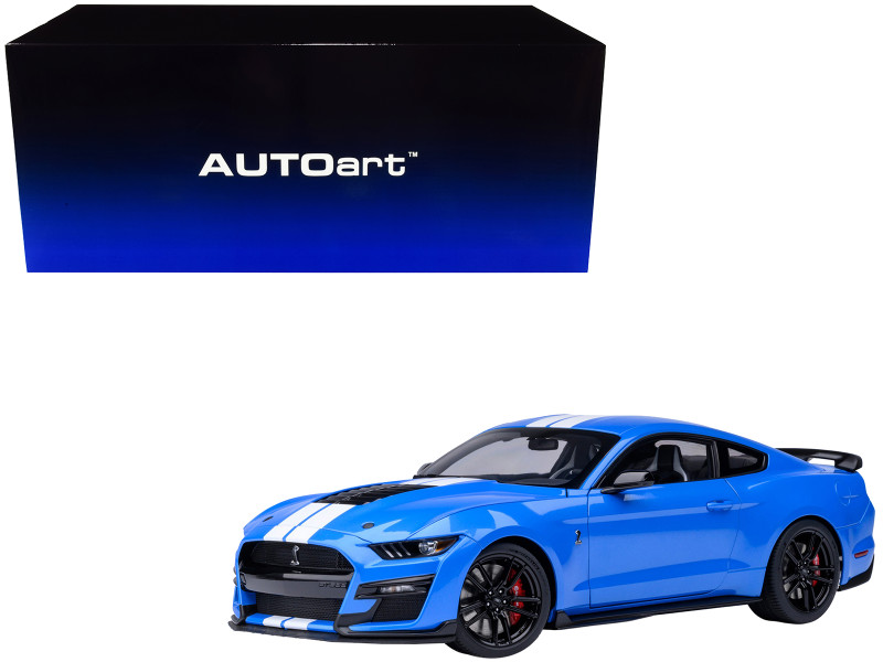 Ford Mustang Shelby GT500 Grabber Blue with White Stripes 1/18 Model Car Autoart 73094