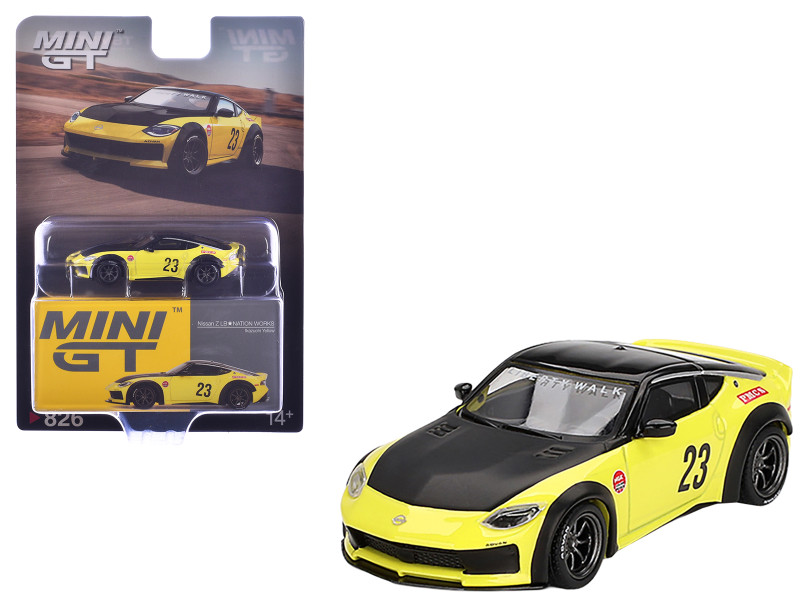 Nissan Z LB Nation Works #23 Ikazuchi Yellow with Black Hood and Top Limited Edition 1/64 Diecast Model Car Mini GT MGT00826
