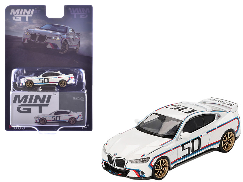 BMW 3 0 CSL #50 White with Blue and Red Stripes and Gold Wheels Limited Edition 1/64 Diecast Model Car Mini GT MGT00863