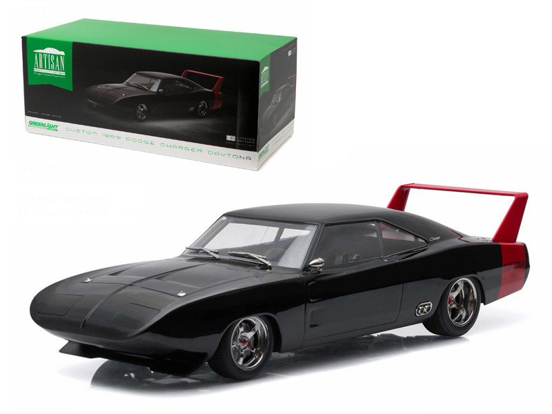 1969 Dodge Charger Daytona Custom Black With Red Rear Wing 1 18 Diecast Model Car By Greenlight