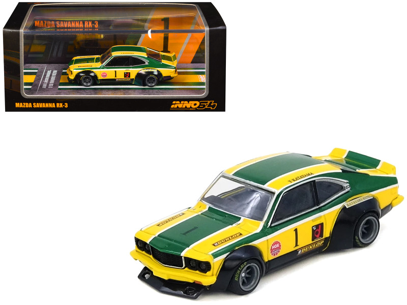 Mazda RX 3 Savanna RHD Right Hand Drive #1 Katayama Racing Livery Green and Yellow Striped 1/64 Diecast Model Car Inno Models IN64-RX3-KTYM