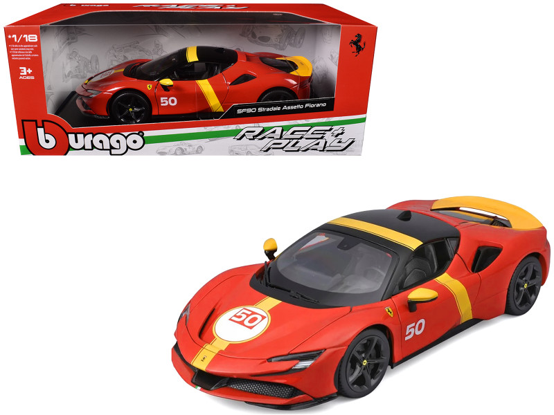 Ferrari SF90 Stradale Assetto Fiorano #50 Red with Black Top and Yellow Stripes Race Play Series 1/18 Diecast Model Car Bburago 16021RD