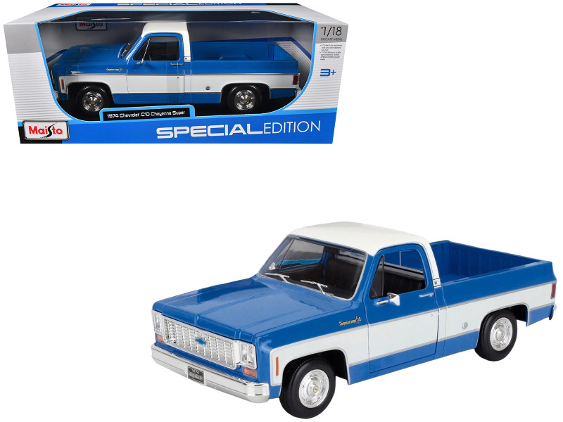 1974 Chevrolet C10 Cheyenne Super Pickup Truck Blue and White Special Edition Series 1/18 Diecast Model Car Maisto 31467BL