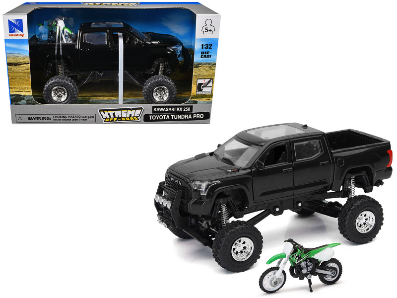 Toyota Tundra Pro Pickup Truck Black and Kawasaki KX 250 Motorcycle Green and White Xtreme Off Road Series 1/32 Diecast Models New Ray SS-54446