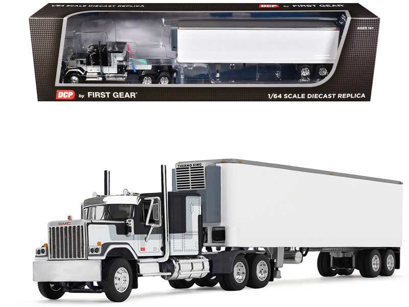 GMC General with 60 Flat Top Sleeper and 40 Vintage Refrigerated Trailer Black with Gray and White Stripes 1/64 Diecast Model DCP/First Gear 60-1923