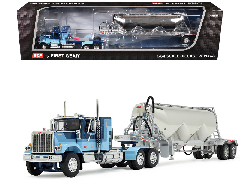 GMC General with 34 Flat Top Sleeper and Heil Pneumatic Tank Trailer Blue with Stripes 1/64 Diecast Model DCP/First Gear 60-1924