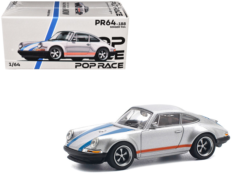 Singer 964 Silver Metallic with Blue and Red Stripes 1/64 Diecast Model Car Pop Race PR640188