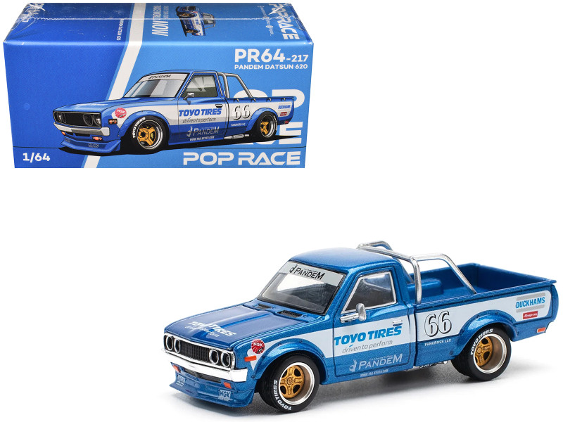 Datsun Pandem 620 Pickup Truck #66 Blue Metallic with White Stripes and Graphics 1/64 Diecast Model Car Pop Race PR640217