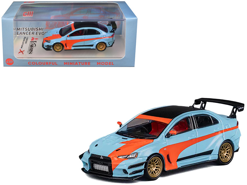 Mitsubishi Lancer Evolution X Varis RHD Right Hand Drive Light Blue with Black Top and Orange Stripes 1/64 Diecast Model Car CM Model CM64-EVOX-01