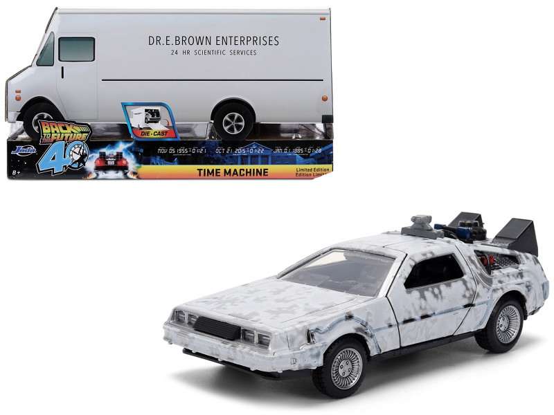 DMC DeLorean Time Machine Brushed Metal Frost Version Back to the Future 1985 Movie 40th Anniversary Special Packaging Hollywood Rides Series 1/32 Diecast Model Car Jada 36848