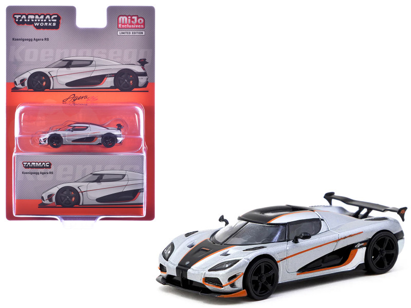 Koenigsegg Agera RS Moon Silver Metallic with Black and Orange Stripes Global64 Series 1/64 Diecast Model Tarmac Works T64G-TL005-MS