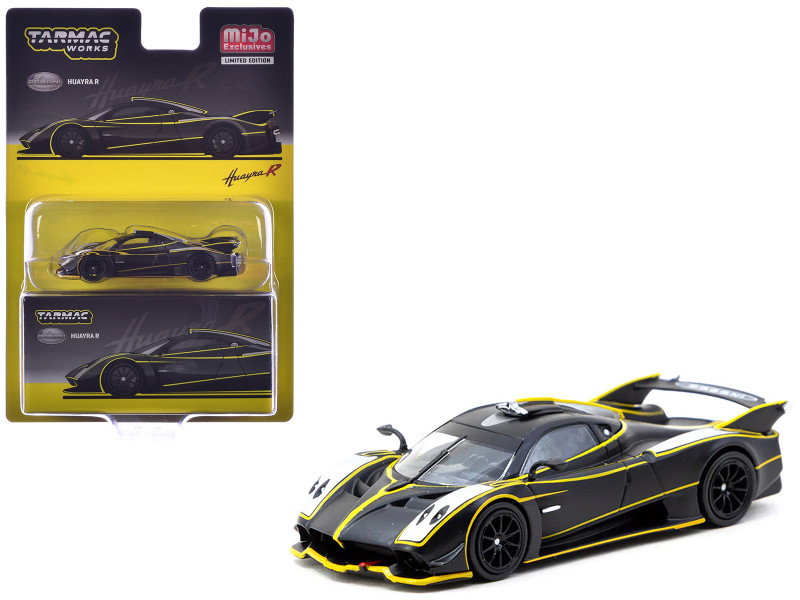 Pagani Huayra R Matt Black with Silver Accents and Yellow Stripes Global64 Series 1/64 Diecast Model Tarmac Works T64G-TL035-MBS