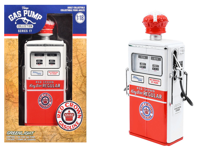 1954 Tokheim 350 Twin Gas Pump Red Crown Gasoline White and Red Vintage Gas Pumps Series 17 1/18 Diecast Replica Greenlight 14170C