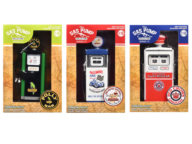 Vintage Gas Pumps Series 17 Set of 3 Pumps 1/18 Diecast Models Greenlight 14170-A-B-C