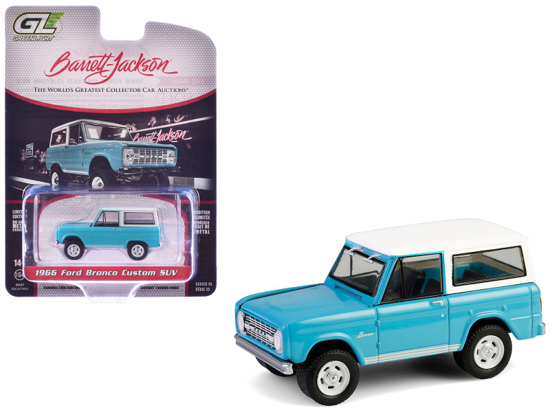 1966 Ford Bronco Custom SUV Turquoise Blue with White Top Barrett Jackson Series 15 1/64 Diecast Model Car Greenlight 37320A
