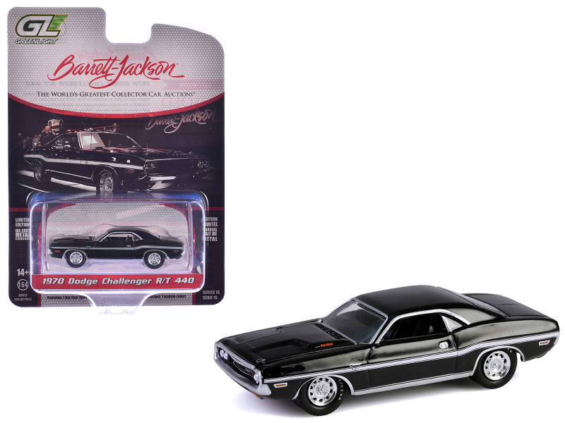 1970 Dodge Challenger R T 440 Black with White Stripes Barrett Jackson Series 15 1/64 Diecast Model Car Greenlight 37320D
