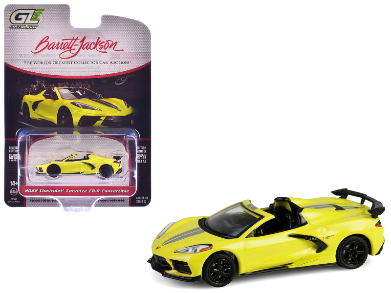 2022 Chevrolet Corvette C8 R Convertible Yellow with Silver Stripes Barrett Jackson Series 15 1/64 Diecast Model Car Greenlight 37320F