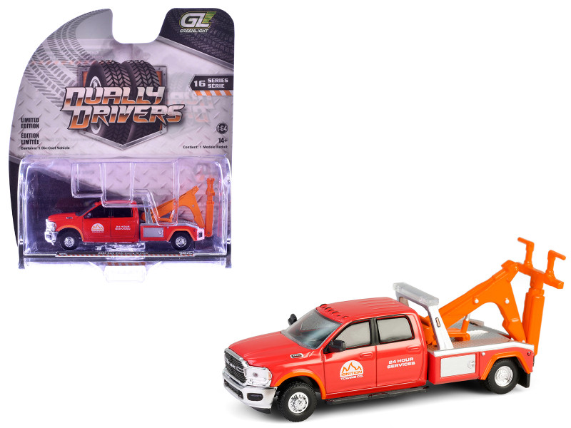2022 Ram 3500 Dually Wrecker Tow Truck Ignition Towing Co Red and Orange Dually Drivers Series 16 1/64 Diecast Model Car Greenlight 46160E