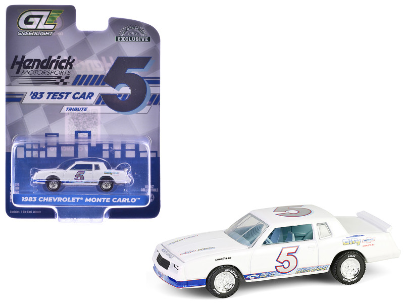 1983 Chevrolet Monte Carlo #5 Hendrick Motorsports First Test Car Tribute White with Blue Stripes and Interior Hobby Exclusive Series 1/64 Diecast Model Car Greenlight GL30520