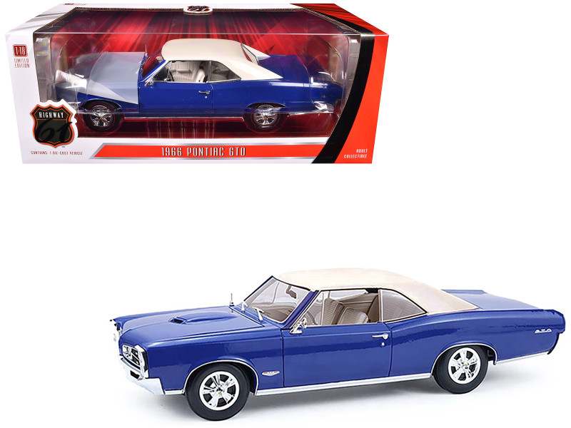 1966 Pontiac GTO Barrier Blue with White Top and Interior 1/18 Diecast Model Car Highway 61 HWY-18047