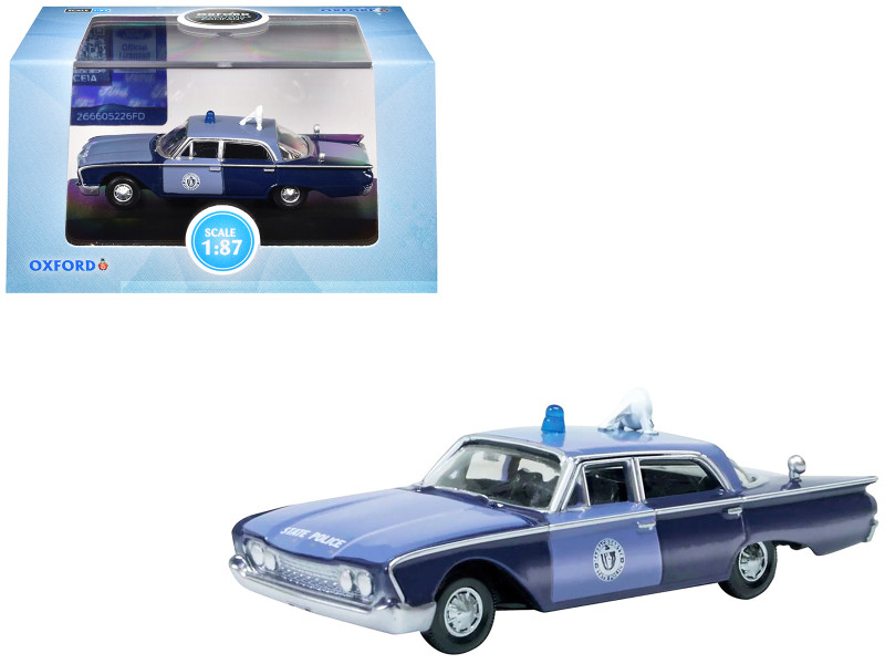 1960 Ford Fairlane Sedan Massachusetts State Police Radar Car Blue Two Tone 1/87 (HO) Scale Diecast Model Car Oxford Diecast 87FF60002